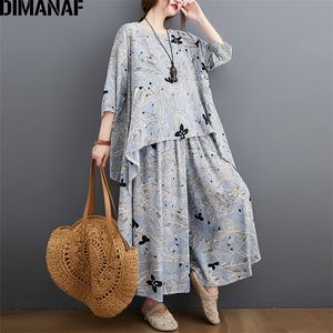 DIMANAF Plus Größe Zwei Stück Set Anzug Frauen Kleidung Vinatge Drucken Elegante Dame Tops Hemd Leinen Lose Hosen Weibliche Sommer 220509