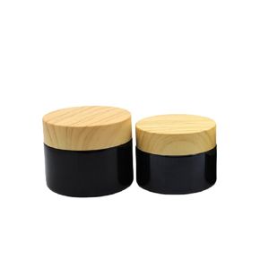 False Wood Plastic Lid Glossy Black Cream Glass Jar Empty Bottle Portable Skincare Cream Pot 20g 30g 50g Cosmetic Packaging Refillable Container