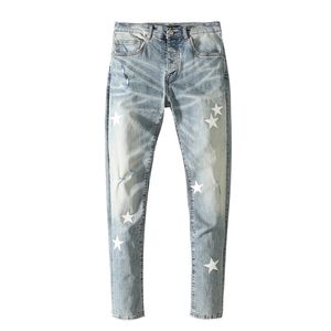 Designer Jeans for Men Pants Motorcycle Regular White Star Slim Fit Denim Hip Hop Mens Biker Ripped with Hole Distress Stretch Male Long Straight Leg Light Blue