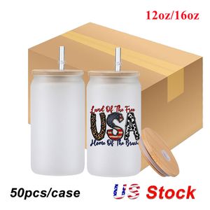 STOCK USA Bicchieri in vetro trasparente con sublimazione da 16 once Lattina di cola glassata da 12 once Bottiglie di acqua ghiacciata Coperchio in bambù Tazze da cocktail per birra Tazza da caffè per whisky Tazze in barattolo di tè freddo