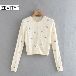 Zevity Women Sweet Flower Embroidery Knitting Tröja Lady Basic O Neck Long Sleeve Breasted Casual Chic Cardigans Tops S450 201222
