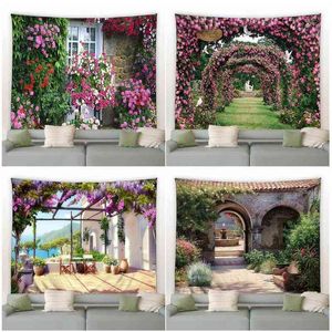 Tapestry Park Flowers Tapestry Pink Plant Vintage Brick Wall Arch Modern Home G