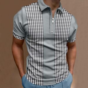 Men's Polos Mens T Shirts Short Sleeve Male Summer Casual Houndstooth Print Zipper Turn Down Collar Blouse White Shirt Men StretchyMen's