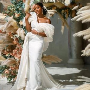 African Mermaid Wedding Dresses for Women Elegant Satin Bridal Gowns 2022 Off the Shoulder Ruched Second Reception Dress