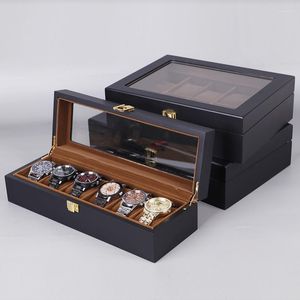 Смотреть коробки корпуса 6/10/12 слоты деревянные ящики Организатор Black Gift Case со стеклянными окнами Mens Holder Collection Box Hele22