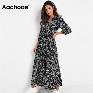 Aachoae Vintage Kwiatowy Print Maxi Sukienka Kobiety Boho Trzy Czwarty Rękaw Długa Sukienka Wyłącz Kołnierz Casual Sukienki Dresses Robe 220406