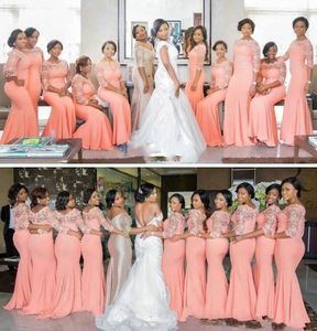 One pcs High Quality Coral Satin Mermaid Long Bridesmaid Dresses Sheer Neck Lace Three Quarter Sleeves Wedding Party Dresses