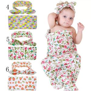 16 Colors Newborn Baby Baby cotton Swaddle 2pc set rabbit ears bow headband+swaddle floral yellow peach flamingo printing blankets