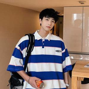 Herrpolos lös passform randig skjorta mens koreanska modetrender överdimensionerade streetwear toppar tonår sommaren casual golf tees preppy klädsmän