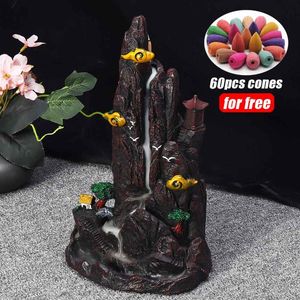 Fragrance Lamps Waterfall Mountains River Incense Burner Creative Fountain Backflow Aroma Smoke Censer Holder Home Office Decor 60 ConesFrag