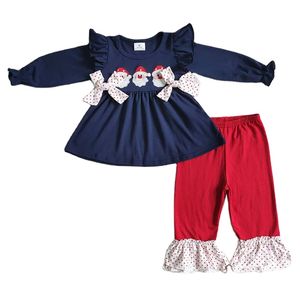 女の赤ちゃんクリスマス冬服卸売子供長袖セットキッズサンタ刺繍レッドコットンフリルドットパンツ衣装