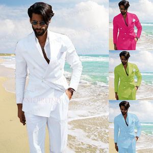 Homens Ternos Brazers 2022 Verão Homens Beach Wedding Terno 2 Peças Branco Linho Casual Blazer Personalizado Slim Fit Groom Homem Tuxedo Jaqueta com Pan