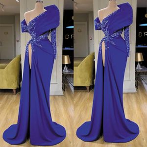 one shoulder beaded dark blue evening prom dresses long 2021 elegant dubai fashion modest prom gowns robe de soiree 2022