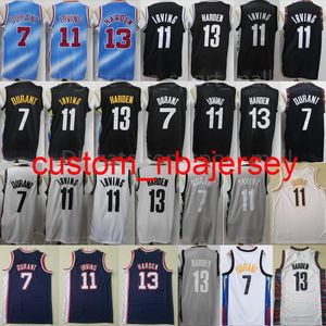 Basquete costurado 7 Kevin Durant Jerseys 13 James Harden 11 Kyrie Irving City Negro Branco Branco Homem Azul De Boa Qualidade Ganhada S-XXL