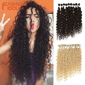 Fashion Idol Water Wave Bio Hair Bundles Weave Ombre Blonde Inch Värmebeständig Fiber Syntetic Curly Hair Extensions