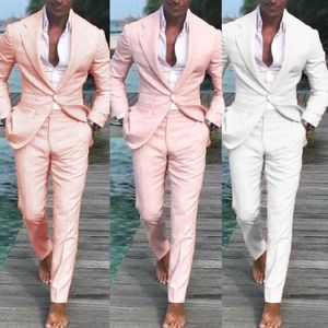 Abiti da uomo Blazer Costume Homme Abito rosa per Groomsman Beach Wedding Linen 2022 Summer 2 Piece Man Holiday Vacation Made