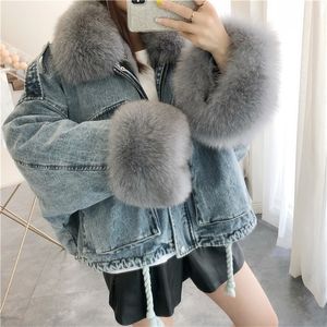 Denim Parkas Winter Coat Women Real Fur Collar Rex Rabbit Liner Female Parka Real Fur Coats and Jackets Women Clothing 201126