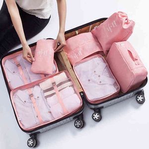 7 PCS/세트 방수 트라이 여행 스토리지 백 가방 여행 가방 포장 세트 휴대용 수하물 주최자 의류 속옷 신발 깔끔한 파우치 J220708