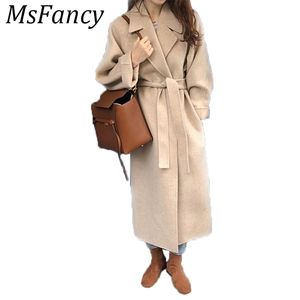 Kış moda palto kadın yünlü ceket tembel oaf uzun tıknaz sıcak ceket batı tarzı takılmış bel dantelleme gevşek ceket t200212