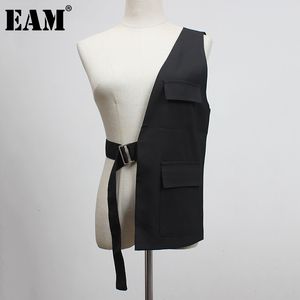 EAM Women Loose Fit Black One Side Buckle Split Joint Vest Vcollar Sleeveless Fashion Spring Autumn 1Y958 201031