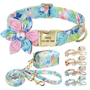 Personalized Dog Collar Leash Poop Bag Set Printed Nylon Custom Dog Collars Free Engraved With Floral For Small Medium Dogs 220608