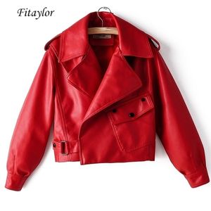 Fitaylor New Autumn Women Faux Leather Jacket PUオートバイバイクレッドコートターンダウンカラールーズストリートウェアブラックパンクアウターT200814