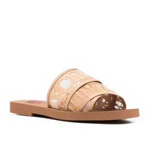 Popularne lato Drzewny Plaża Sandal Buty Logo-Drukuj Płótno Slajdy Mieszkania Koronki Paski Odwróć Klapki Lady Comfort Walking 35-42