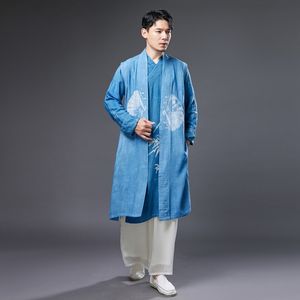 Etniska kläder för män kinesiska Hanfu manlig cheongsam traditionell tang kostym orientalisk dräkt andningsbar tryck blå asiatisk outfit