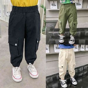 Cargo Solid Color Pants Pockets Kids Trousers Spring Autumn Toddler Boys Clothing 210412