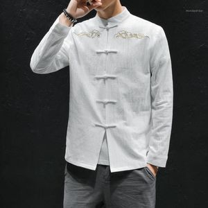 Etniska kläder 2022 kinesiska stil män skjortor tunika hals långärmad bomullsgrant skjorta avslappnad tunn fitness camisa masculina m-5xl