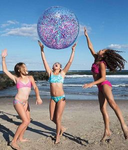 COOLORFUL UPPLABLAT PVC Beach Ball Glitter Sequined Water Spela Air Toy Ball Outdoor Children Transparenta Flash Balls Pool Games For Kids Adults 16 -tums