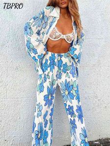 Kadınlar Şık Çiçek Baskı Pileli İki Parçalı Set Gömlek Üstleri ve Yüksek Bel Geniş Bacak Pantolonları Yaz Ofis Bayanlar Gevşek Kıyafetler T220729