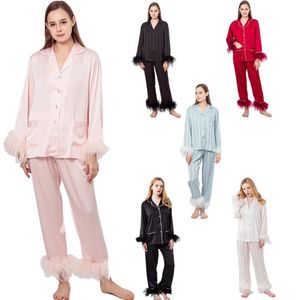 Kvinnors päls faux lady pyjamas 2 bitar set med osrich fjäder trimning manschetter avtagbar avtagbar päls sommarfjäder 2022 Nighclotheswom