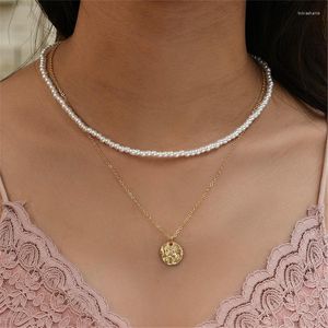 Anhänger Halsketten Mode Multilevel Künstliche Perle Geometrische Gold Textur Münze Halskette Für Frauen Boho Vintage Choker Kette Schmuck