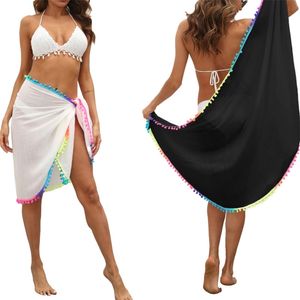 Women Beach Sarongs Sexy Sheer Mesh Swimsuit Wrap Skirt Bikini Cover Up with Colorful Pompom Tassel Summer 220524