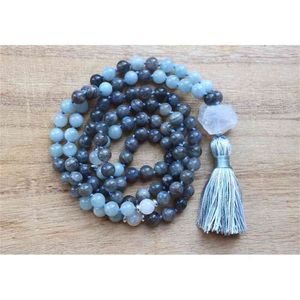 Natürlicher Labradorit 108 Mala Perlenketten Meditation Mala Halskette Yoga Schmuck Quaste Halskette Handgeknüpfte Gebetskette 210331