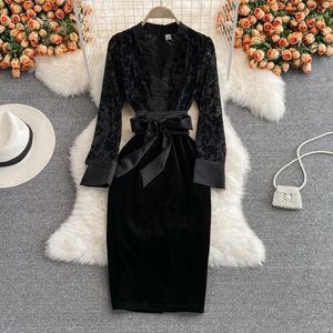 Wholesale fit celebrities for sale - Group buy Casual Dresses YIZZHOY Spring Autumn Women Fashion High End Light Luxury Celebrities Lace Up Splicing Slim Fit Hip Wrap Dress