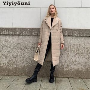 Yiyiyouni Winter Casual Sashes Long Parkas Women Casual Button Pockets Coat Women Solid Warm Long sleeve Jacket Female Outerwear 201125