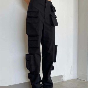 DEAT Autumn Functional Wind Heavy Industry High Waist Straight Pants Black White Thin Multi Pocket Overalls 7I0208 220325