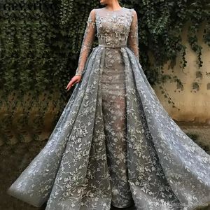 2022 Arabskie Szare Koronki Długie Rękawy Overskirt Prom Dresses Z Odpinaną Spódnicą 3D Kwiatowe Aplikacje Dubaj Różowe Formalne Suknie Wieczorowe