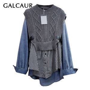 Patchwork Galcaur Patch -Striped koszula dla kobiet o szyi długie rękaw Hit Kolor Zakryjne luźne bluzki uliczne żeńskie ubranie 210308