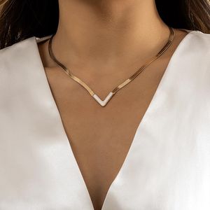 Minimalist Gold/Silver Plated Snake Chain Necklace Punk V-Shaped Short Collar Clavicle Necklace Herringbone Choker Necklaces for Men Women B