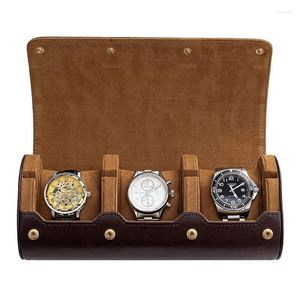 Obserwuj skrzynki skrzynki przenośne 3 gniazda podróży Przechowywanie biznesowe Elegancka skórzana wyświetlacz Vintage Watches Holder Box Organizer Rollwatch Hele22