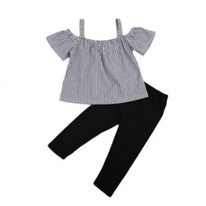 Giyim Setleri Yüksek kaliteli bebek kız giysileri rahat omuz üstleri üstleri tişört çizgili baskı uzun pantolon 2 adet kıyafetler çocuk ayarlama