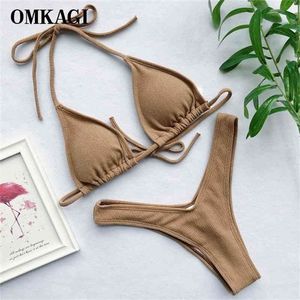 Omkagi Bikini Solid baddräkt Sexig mikrobikinis Set Swimming Bathing Suit Beachwear Brazilian High Cut badkläder Kvinnor 210319