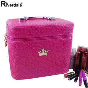 Brand Female Crown Makeup Case With Mirror Beauty Travel Make Up Box Organizer Leather Brush Professional Cosmetic Storage Bag H220429