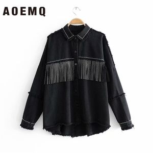 Aoemq Nowe sezon jesienny cienki kurtki czarny kolor z przyciskiem Drapper Tassel High Street Punk Cool Girl Tacets for Women T200106