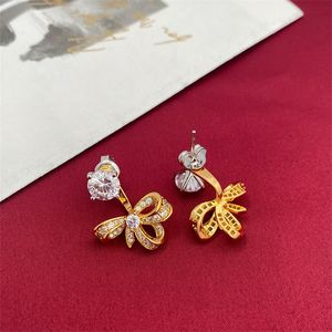 Niche Bow Stud Design Inlaid Diamond Zircon Earrings Gold-Plated Love Delicate Temperament Fashion Trend All-Match Jewelry Gift