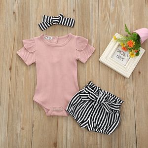 夏3PCS幼児服の衣服セット半袖ロンパー格子縞のショートパンツと弓のヘッドバンドの服981 D3
