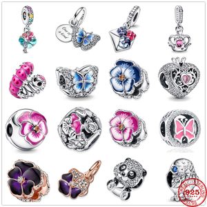 925 Sterling Silver Dangle Charm Blue Flower Envelope Pink Flower Futterfly Pendant Pärla Fit Pandora Charms Armband DIY smycken Tillbehör